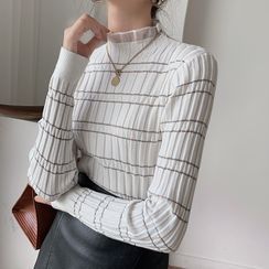 Hello Lucy - Mesh Panel Mock-Neck Striped Knit Top