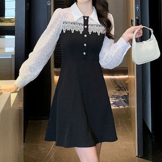 Aurora - Puff-Sleeve Collar Two Tone Lace Trim Mini A-Line Dress | YesStyle