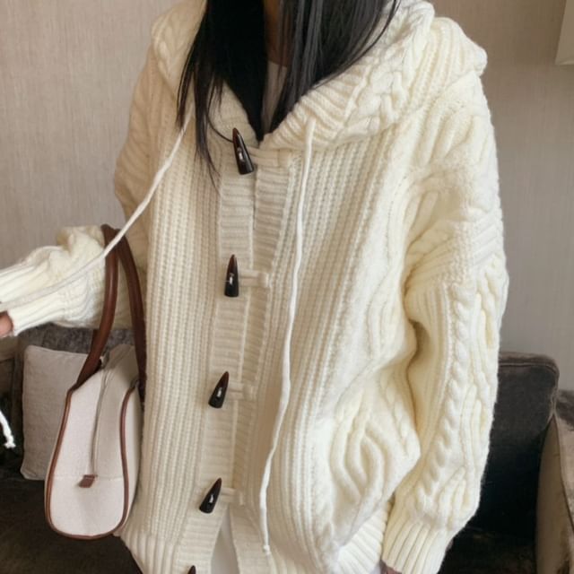 Beem-Hooded Plain Cable Knitted Toggle Oversized Cardigan