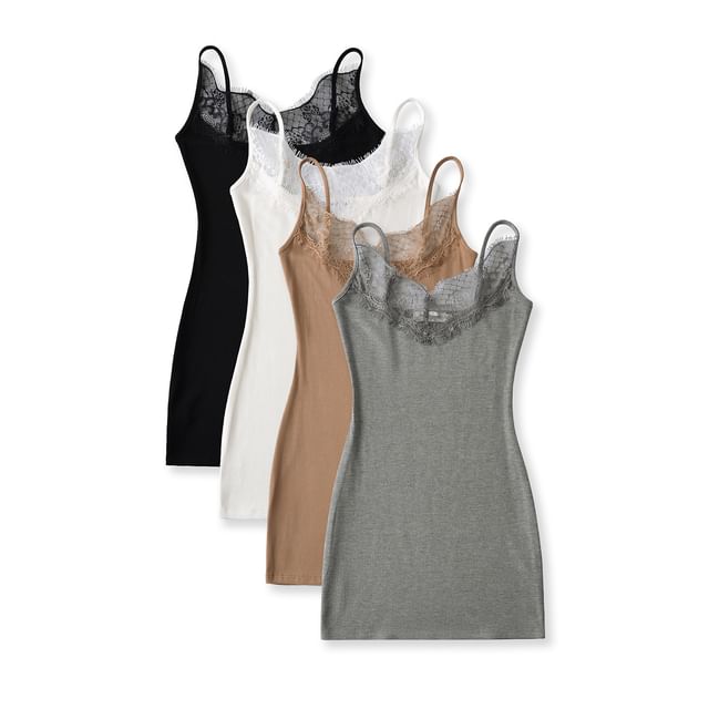 Asiris-Spaghetti Strap V-Neck Plain Lace Trim Ribbed Knit Bodycon Mini Dress
