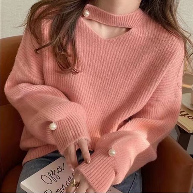 Sienne-Crew Neck Plain Cutout Ribbed Sweater