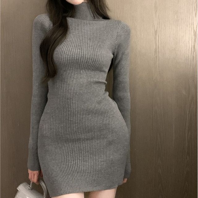 Turtle-Neck Knit Mini Sweater Dress 