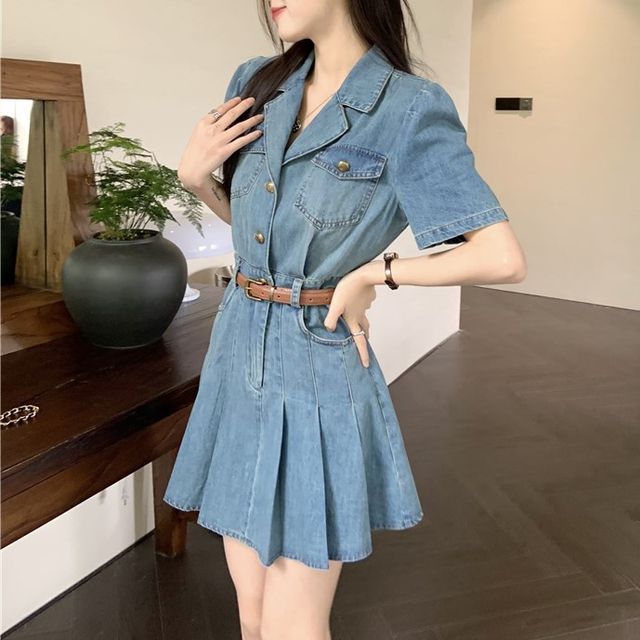 Yako Short-Sleeve Pleated Denim Mini A-Line Dress YesStyle