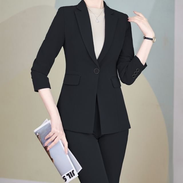 Skyheart-Lapel Collar Plain One-Buttoned Blazer High Rise Mini Pencil Skirt Mid Rise Cropped Straight Leg Slacks Set