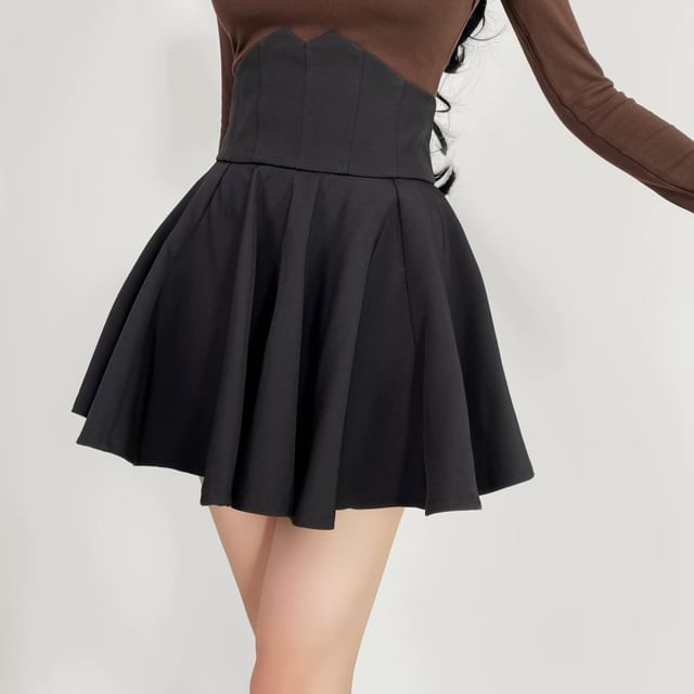 Faiar-High Rise Plain Pleated Mini A-Line Skirt