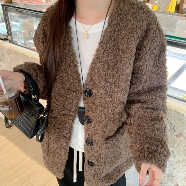 Beem-V-Neck Plain Faux Shearling Single-Breasted Jacket