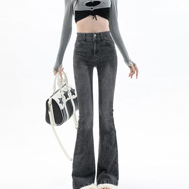 Maisee-High Waist Washed Bootcut Jeans