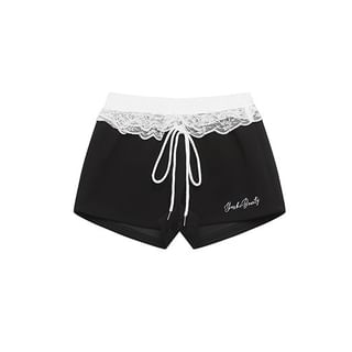SPUCIKLEI Low Rise Lettering Embroidered Lace Panel Sweat Shorts Sale