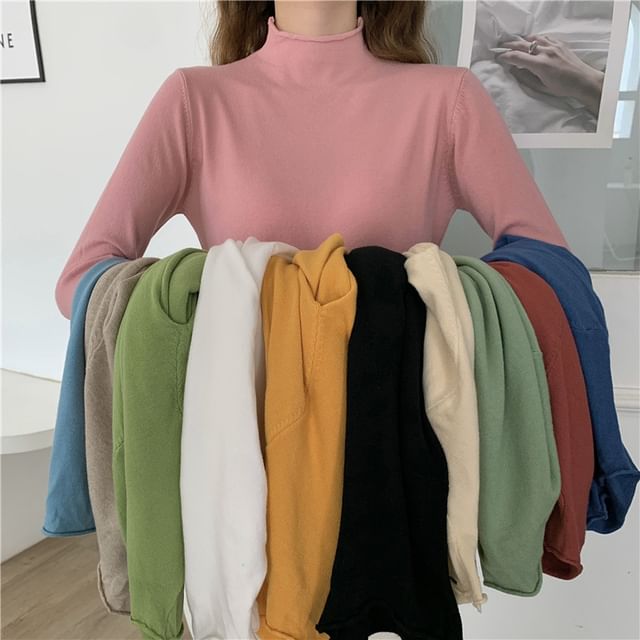 PINPI-Long-Sleeve Mock Neck Plain T-Shirt