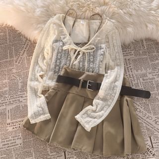 PUYE Lace Cardigan / Plaid Camisole Top / High-Waist Pleated Mini A-Line Skirt