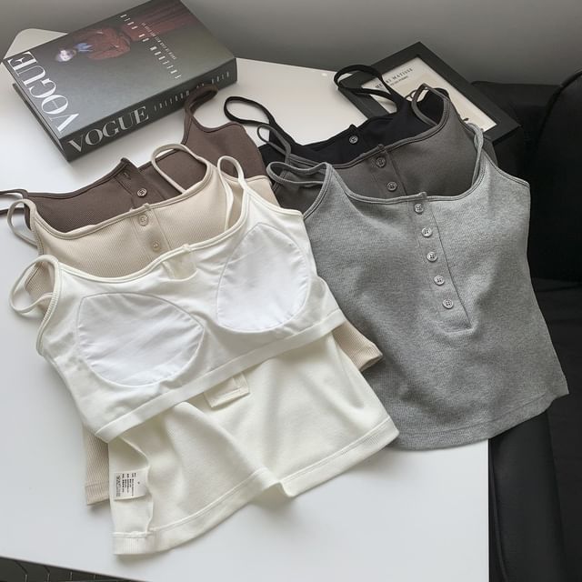 Striinkie-Spaghetti Strap Half-Button Plain Padded Slim-Fit Bra Top