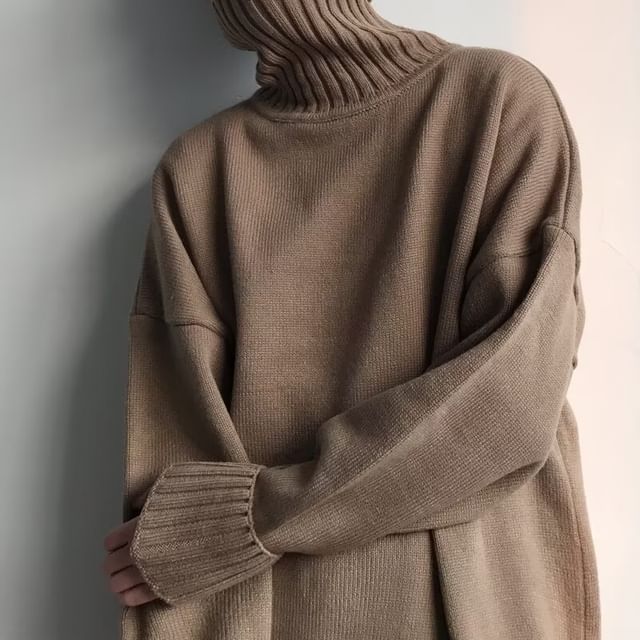 Bay Go Mall-Turtleneck Plain Sweater