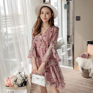 Gray House - Flower Print Bell-Sleeve A-Line Chiffon Dress | YesStyle