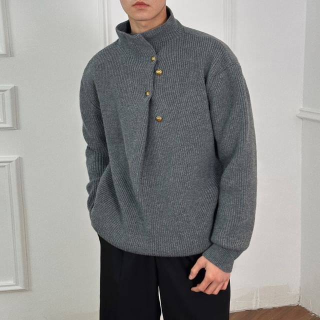 DragonRoad-Henley Plain Ribbed Sweater