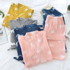 MelMount - 情侣款家居服套装: 猫印花和服上衣 + 裤 MelMount - 情侣款家居服套装: 猫印花和服上衣 + 裤