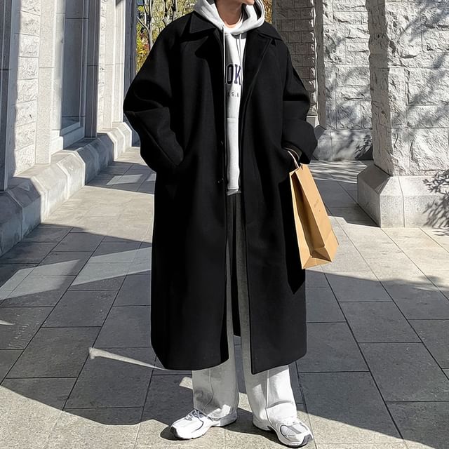 Okwano-Collar Plain Midi Single-Breasted Coat