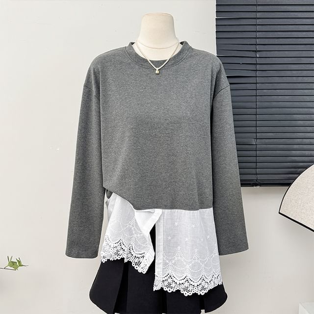 Lemongrass-Patchwork Lace-Hem Overfit Pullover