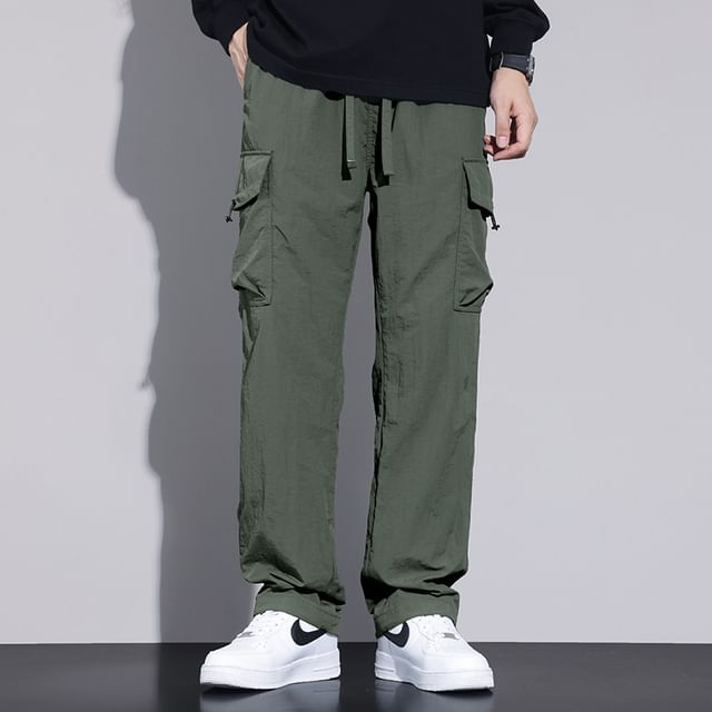 Acrius-Drawstring Waist Plain Straight Leg Joggers