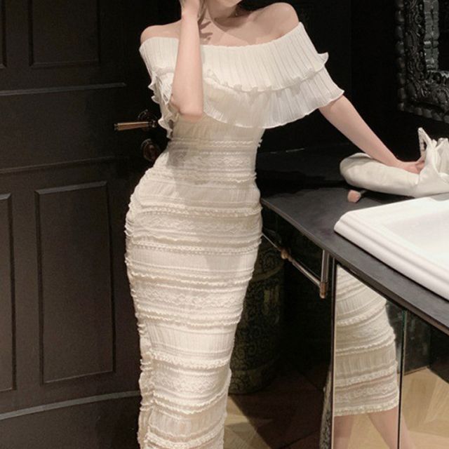 off the shoulder lettuce edge dress Senorita Black Off The Shoulder Knee Length Dress Knee Length Off The Shoulder  Lettuce Edge Dress