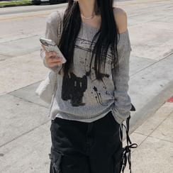 Long Sleeve V-Neck Lettering Embroidered Cable-Knit Crop Top