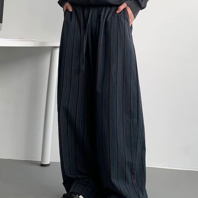 JUN-LEE-Mid Waist Striped Baggy Pants