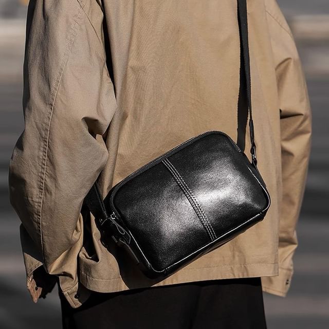 BagBuzz-Faux Leather Contrast Stitching Crossbody Bag