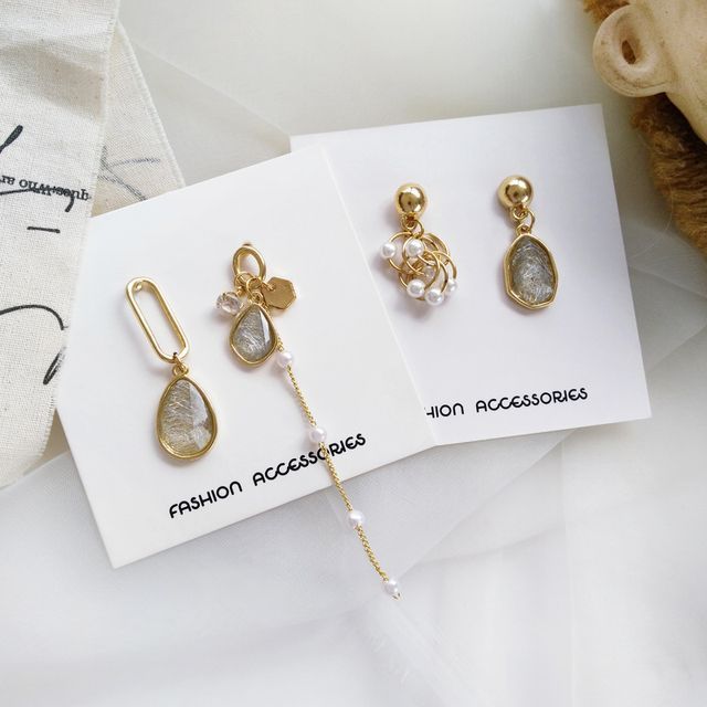 LIVSIA-Asymmetrical Faux Pearl Rhinestone Drop Earring