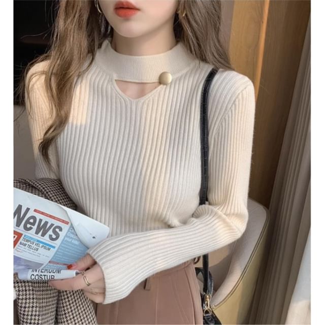 Dragan Pulse-Long-Sleeve Mock Neck Cutout Plain Knit Top