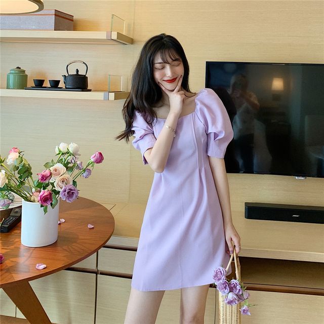 knee length dresses for ladies Puff Sleeve A-line Shift Mini Dress – English Factory