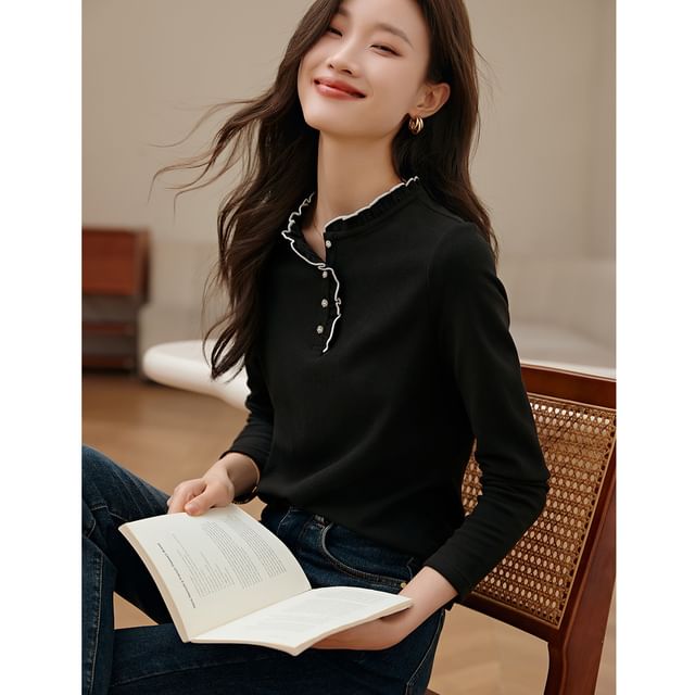 Jeonseon-Long-Sleeve Mock Neck Half Buttoned Plain Top