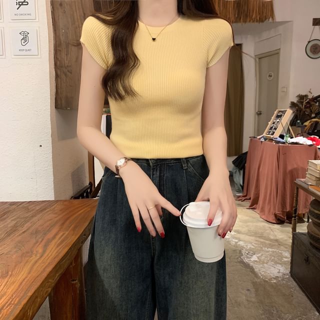 Sienne-Short-Sleeve Round Neck Plain Ribbed Knit Top