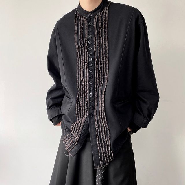 Bjorn-Crew Neck Plain Distressed Button-Up Shirt