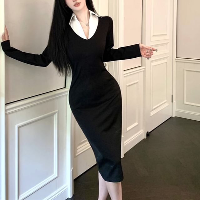 Shinsei-Long Sleeve Collared Mock Two Piece Bodycon Midi Dress