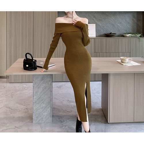 Yilda - Long-Sleeve Off-Shoulder Plain Side-Slit Knit Midi Sheath