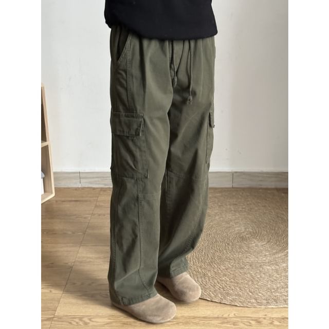 Breeson-Drawstring Waist Plain Straight Leg Cargo Pants