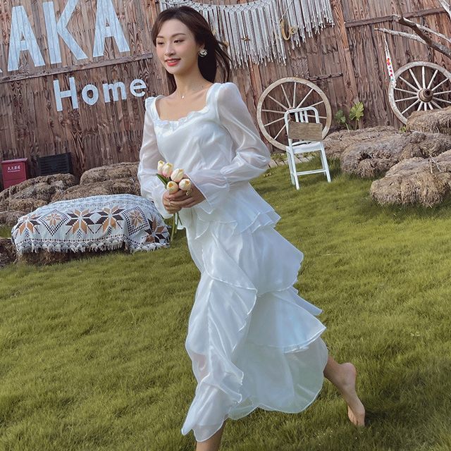 Moanum - Long-Sleeve Waterfall Midi Dress | YesStyle