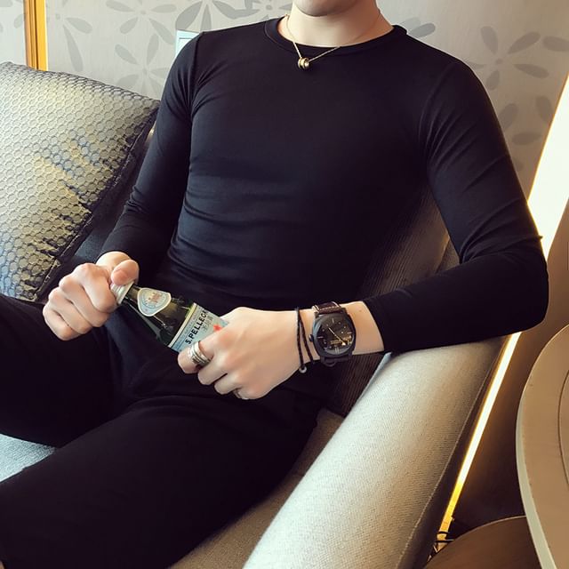 Andrei-Long-Sleeve Crew Neck Plain T-Shirt