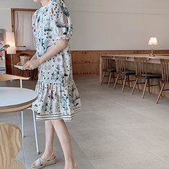 LEELIN - Puff-Sleeve Printed Dress LEELIN - Puff-Sleeve Printed Dress