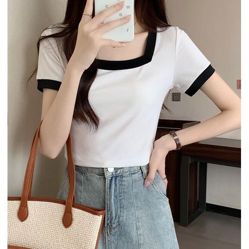 Contrast Trim Square Neck Short Sleeve Tee, T-Shirts