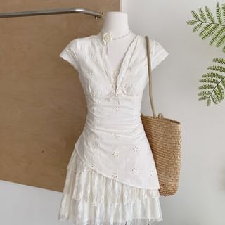 Dute Mock Two-Piece Cap-Sleeve V-Neck Lace Panel Embroidered Eyelet Mini A-Line Dress Sale