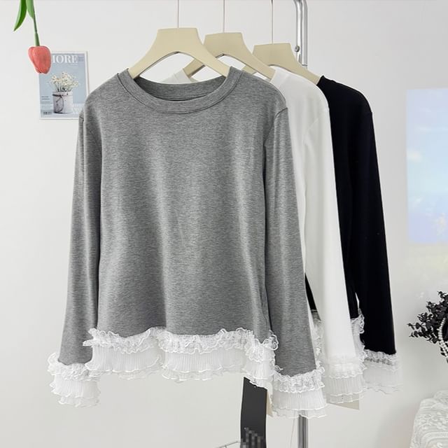 Lemongrass-Ruffled Lace-Trim Long-Sleeve Tee