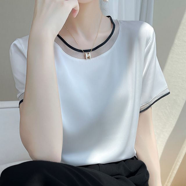 Weelop-Short-Sleeve Round Neck Contrast Trim Blouse