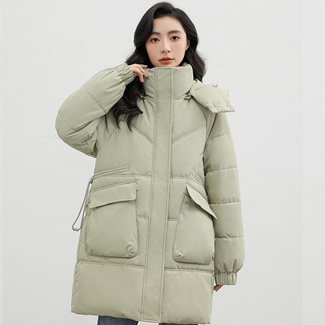 Acoustic Rain-Hooded Plain Puffer Coat
