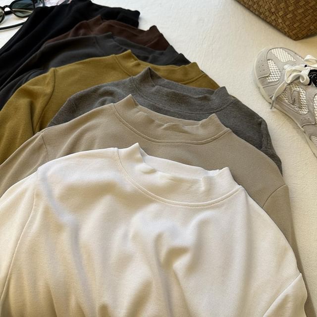 DIYI-Long-Sleeve Mock Neck Plain Tee