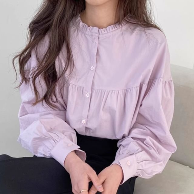 Yako-Long Sleeve Round Neck Plain Frill Panel Blouse