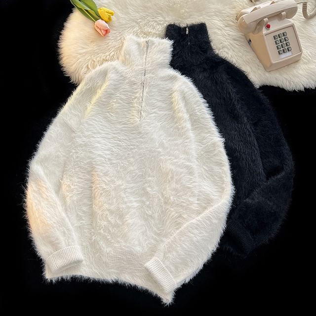Plummie-Half Zip Turtleneck Plain Fluffy Oversized Sweater