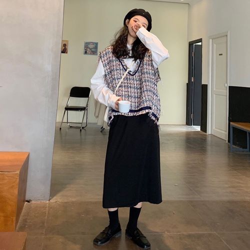 Shirt + Tweed Knit Vest + Midi 
