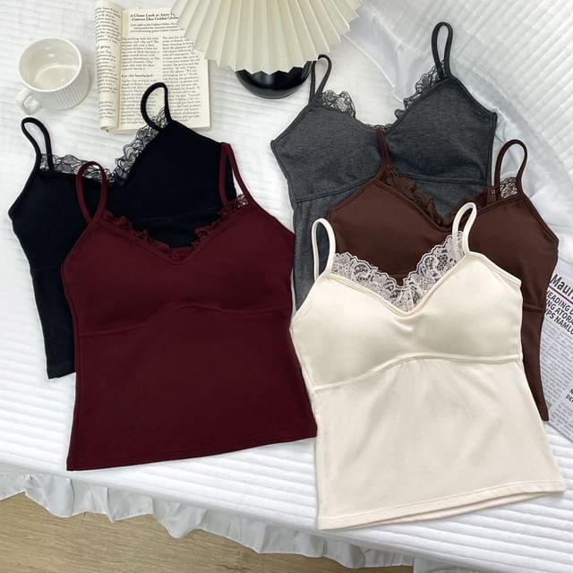 Wildery-V-Neck Plain Lace Trim Cami Top