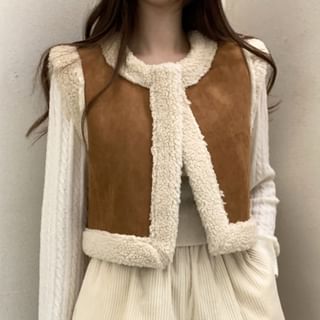 Coris-Round Neck Faux Shearling Open Front Vest