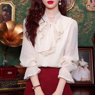Dragan Pulse-Long Sleeve Tie Neck Plain Ruffle Blouse
